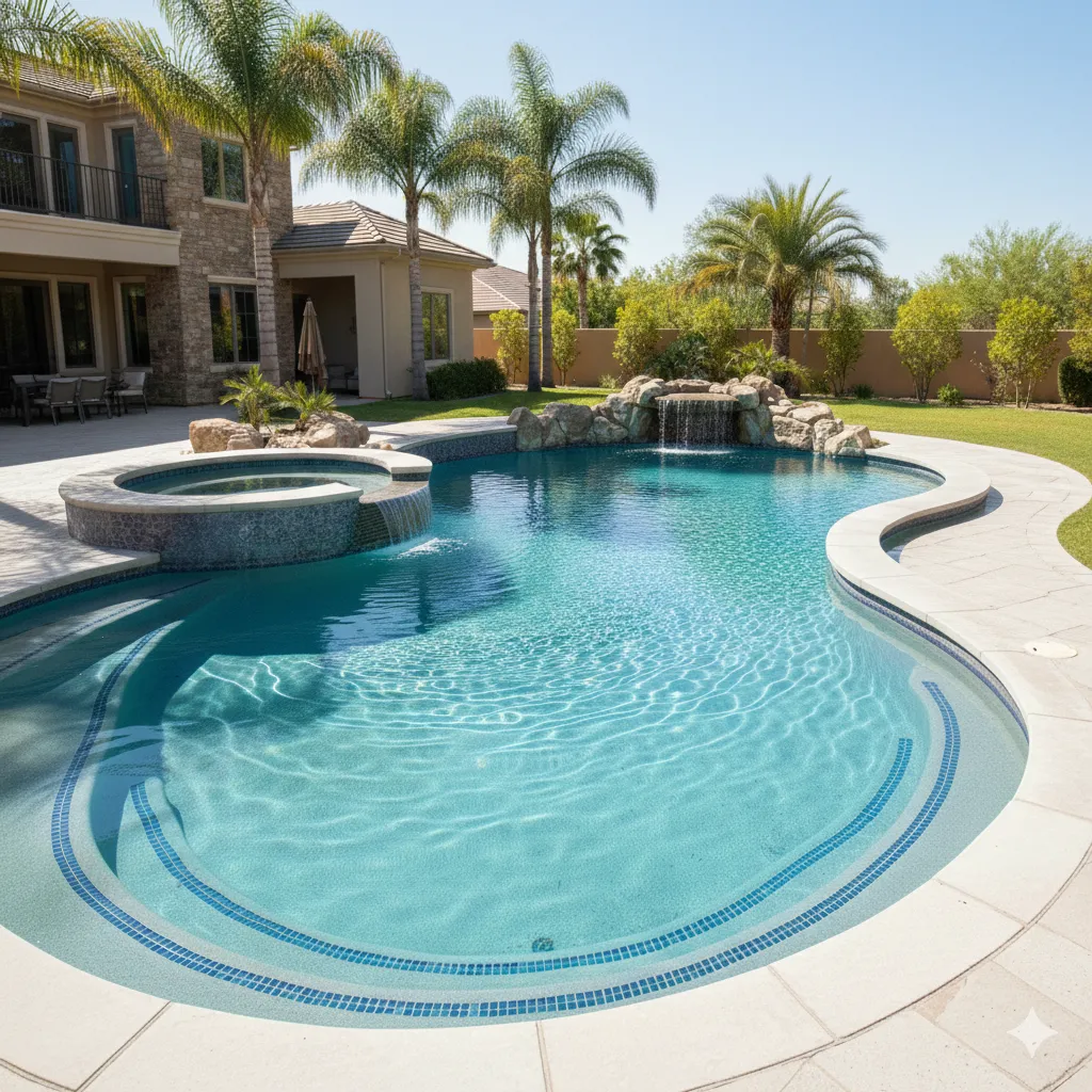 Swimming pool with a wooden pergola, surrounded by grass and a concrete patio.